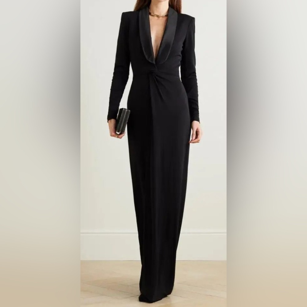 Elegant Black Plunge Long Sleeve Tuxedo Style Cocktail Gown-Free Shipping